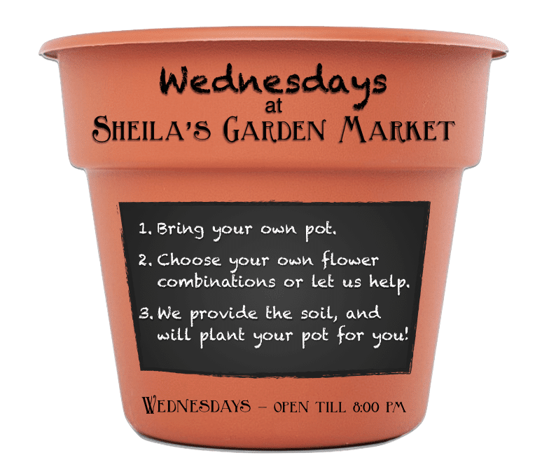 Wednesdays at Sheila's Garden Market. Open till 8 pm. Bring your own pot and we will plant it for you!